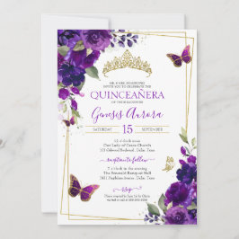 Lila & Guld Butterfly Blommigt Quinceanera Inbjudningar