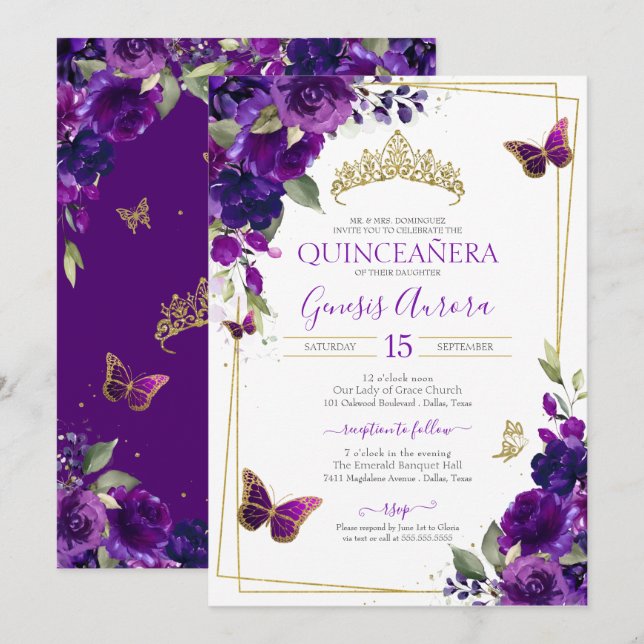 Lila & Guld Butterfly Blommigt Quinceanera Inbjudningar (Fram/baksida)