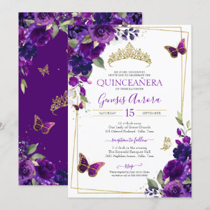 Lila & Guld Butterfly Blommigt Quinceanera Inbjudningar