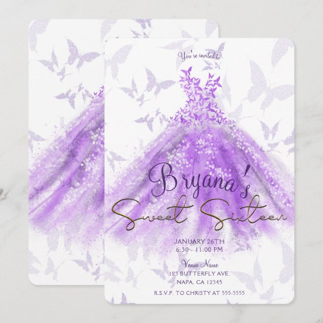 Lila Guld Butterfly Dance Dress Sweet 16 Party Inbjudningar (Fram/baksida)