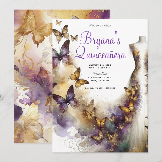 Lila & Guld Butterfly Dress Fantasy Quinceañera Inbjudningar (Fram/baksida)