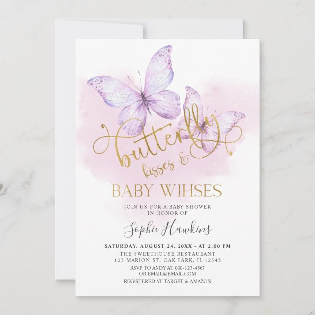 Lila Guld Butterfly Kisses Flicka Baby Shower Inbjudningar (Framsida)