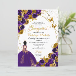 Lila & Guld Butterfly Princess Quinceanera Inbjudningar
