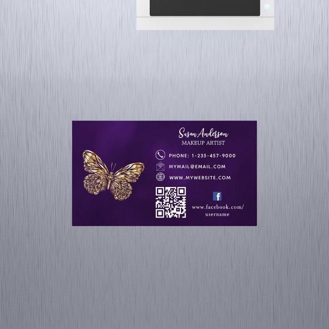 Lila guld butterfly QR-kod Facebook Magnetiska Visitkort (Skapare uppladdad)
