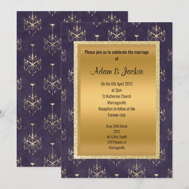 Lila Guld Chandelier bröllop tillfällen Inbjudningar (Fram/baksida)