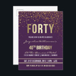 Lila | Guld Confetti 40:e födelsedagen Party Inbjudan Vykort<br><div class="desc">Lila | Guld Confetti 40:e födelsedagen Party-postkortsinbjudan. Denna formella,  elegant,  trendig,  moderna 40 födelsedagsfest inbjudan är lämplig för manar för kvinnor. Den omfattar guldren linjer,  snyggt,  guthärdare vid fodral och sofistikerad faux guld-folie på royalets lila med duschar med gnistrande,  skakande guld konfetti och party-strömmare.</div>