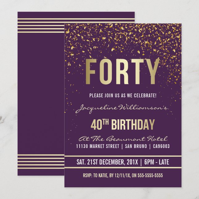 Lila | Guld Confetti 40:e födelsedagen Party Inbjudningar (Fram/baksida)