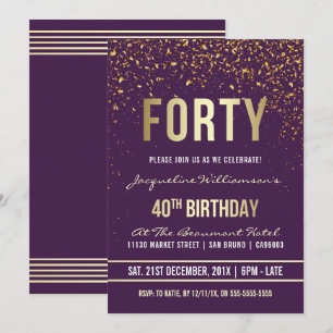 Lila   Guld Confetti 40:e födelsedagen Party Inbjudningar