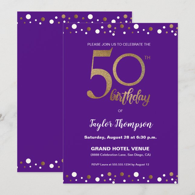 Lila Guld Confetti 50:e födelsedagsfestens Anpassn Inbjudningar (Fram/baksida)