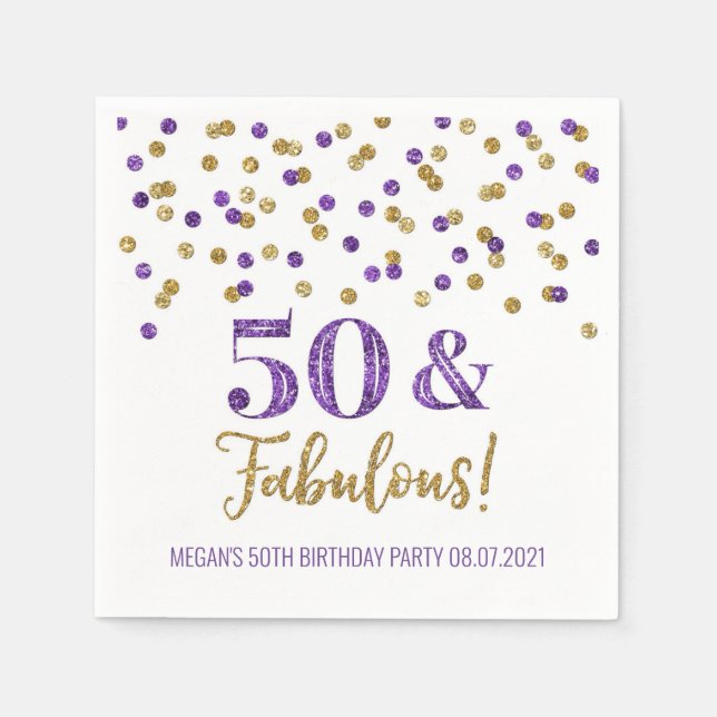 Lila Guld Confetti 50 & Fabulous Birthday Pappersservett (Framsidan)