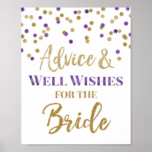 Lila Guld Confetti Advice for Bride Sign Poster (Framsidan)