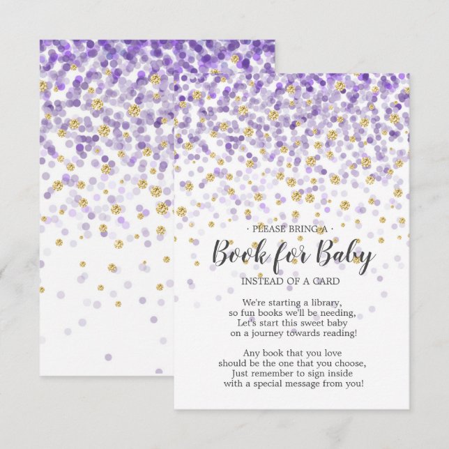 Lila Guld Confetti Baby Shower Bok för Baby Inbjudningar (Fram/baksida)