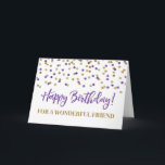 Lila Guld Confetti Friend Birthday Card Kort<br><div class="desc">Födelsedagskort för vänner med lila och guld moderna glitter-konetti mönster. Observera att effekten glitter endast är fotografisk.</div>