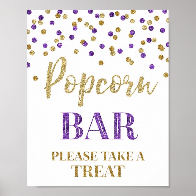 Lila Guld Confetti Popcorn Pub-tecken Poster (Framsidan)