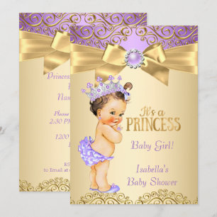 Lila Guld Damask Prinsessa Bebis Bjudning Brunett Inbjudningar