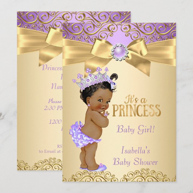 Lila Guld Damask Prinsessa Bebis Bjudning Etnisk Inbjudningar (Fram/baksida)