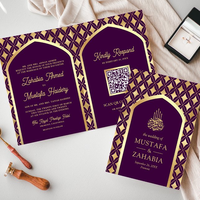 Lila Guld Diamonds Arch QR Kod Muslim Bröllop Inbjudan (Skapare uppladdad)