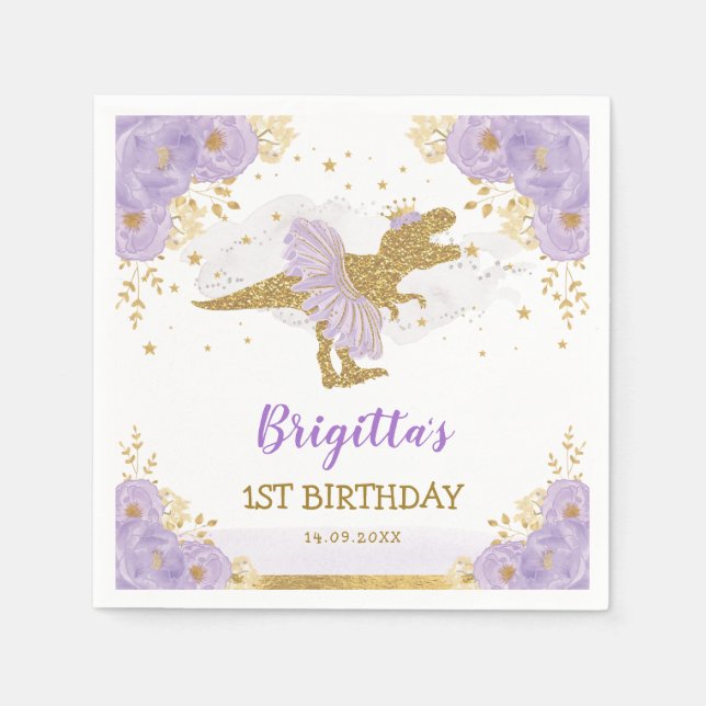Lila Guld Dinosaur Ballerina Födelsedagsfest Pappersservett (Framsidan)
