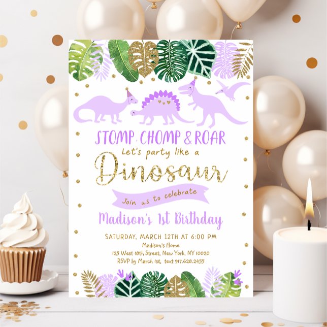 Lila Guld Dinosaur Girl Birthday Inbjudningar (Skapare uppladdad)