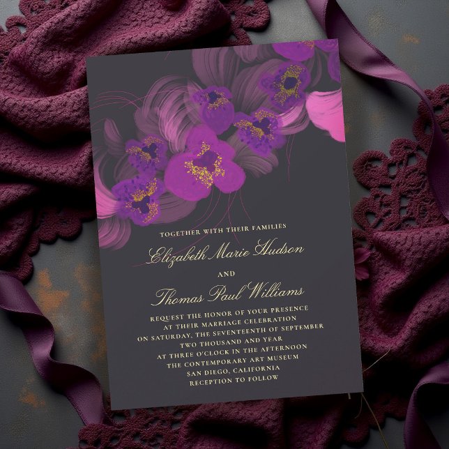 Lila Guld Djärv Orkidé Dyster Mörk Romantisk Bröll Inbjudningar (orchid wedding invitation dark moody romantic purple gold elegant modern classic formal black)