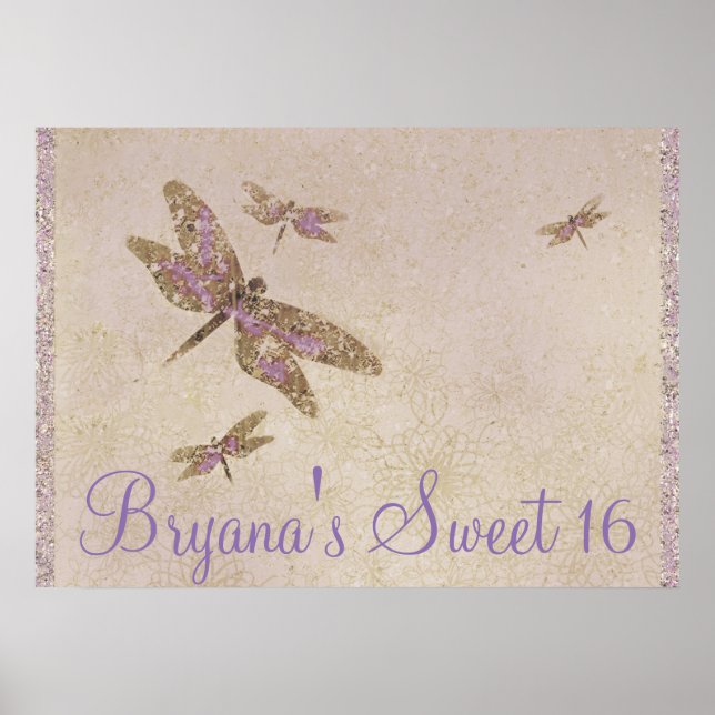 Lila & Guld Dragonflies Dragonfly Party banderoll Poster (Framsidan)