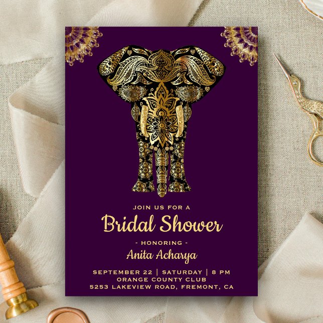 Lila Guld Elefant Indisk Bröllopsfest Inbjudan (Skapare uppladdad)