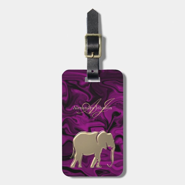Lila Guld Elefant Monogram Bagagebricka (Vertikal Framsida)