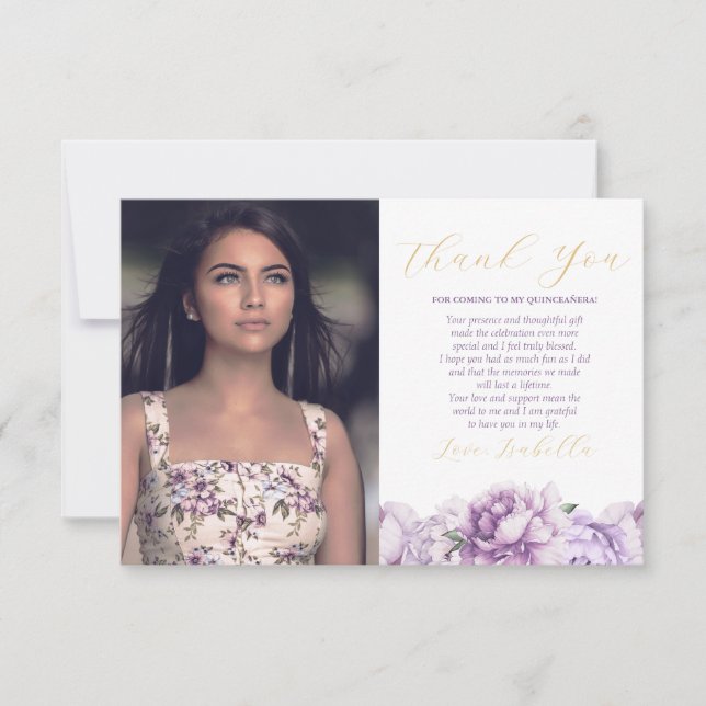 Lila & Guld Elegant Blommigt Photo Quinceañera Tack Kort (Framsida)
