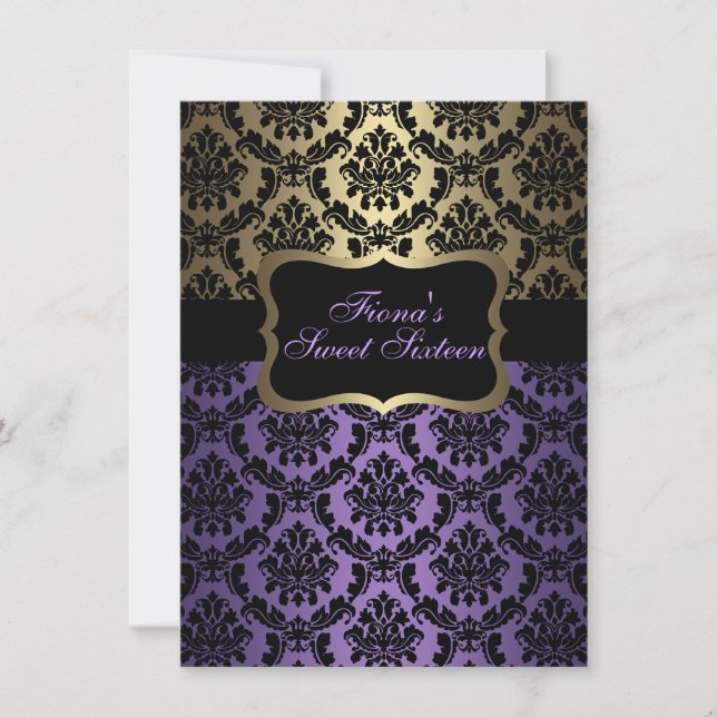 Lila & Guld Elegant Damask Birthday Inbjudan (Framsida)