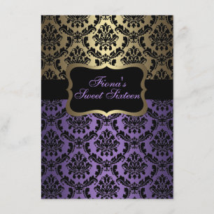 Lila & Guld Elegant Damask Birthday Inbjudan