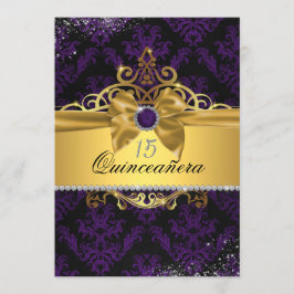 Lila guld elegant damast Quinceanera inbjudan