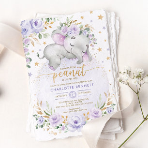 Lila Guld Elephant Blommigt Måne Stars Baby Shower Inbjudningar