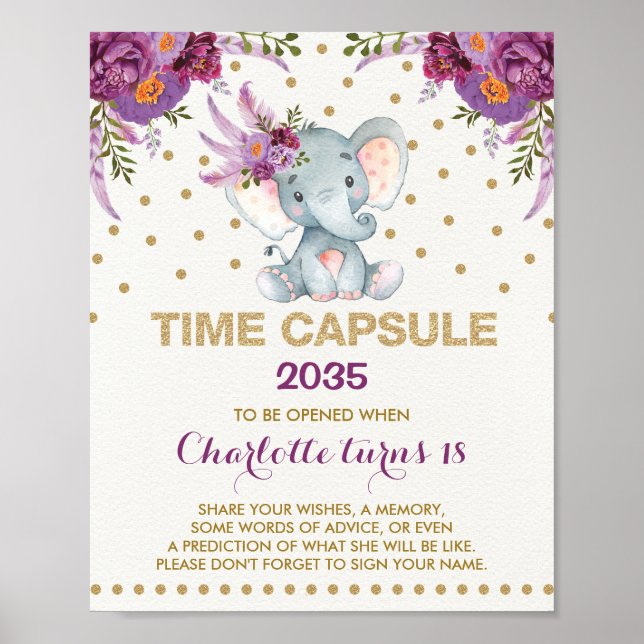 Lila Guld Elephant Time Capsule Birthday-tecken Poster (Framsidan)