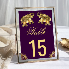 Lila Guld Ethnic Elephants Indian Bröllop Bordsnummer