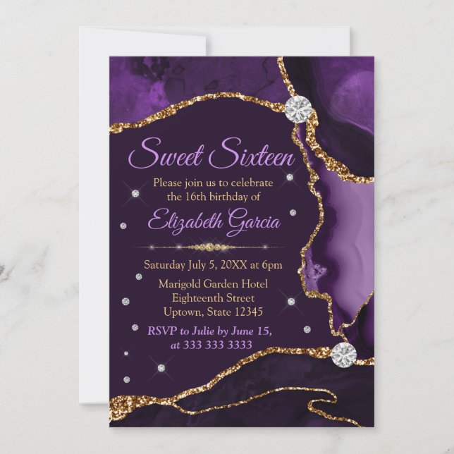 Lila & Guld Faux Glitter Agate Sweet 16 Inbjudningar (Framsida)