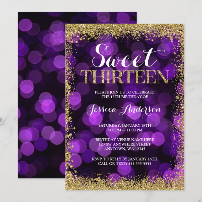 Lila Guld Faux Glitter Ljus Sweet 13 Birthday Inbjudningar (Fram/baksida)