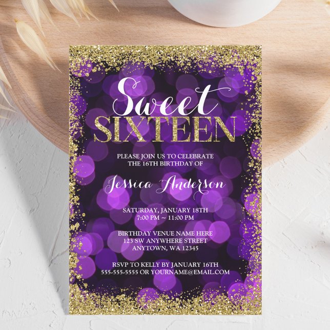 Lila Guld Faux Glitter Ljus Sweet 16 Birthday Inbjudningar (Skapare uppladdad)