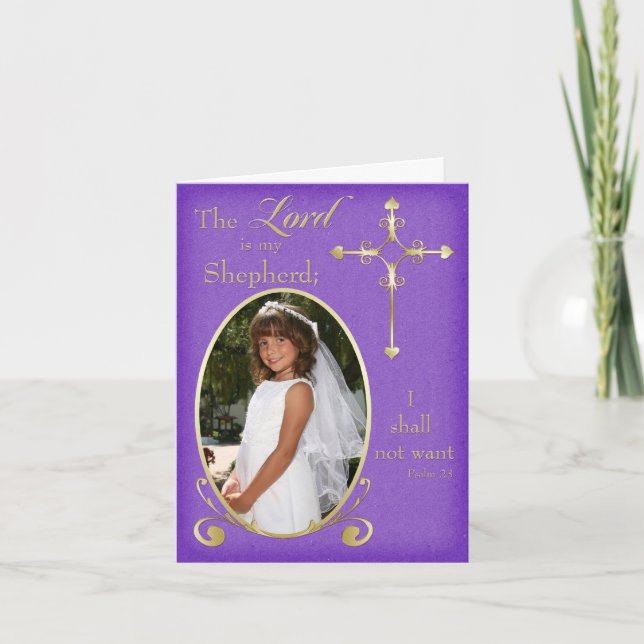 Lila Guld First Communion Photo Tackto You Card Tack Kort (Framsida)