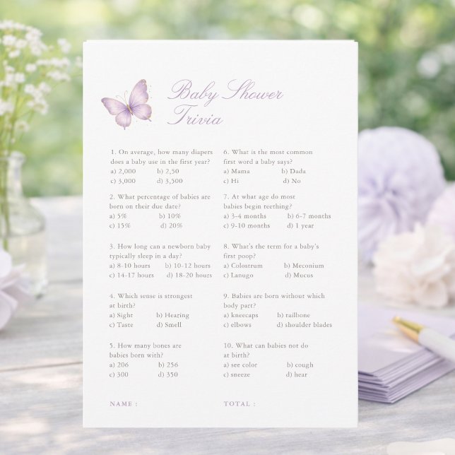 Lila Guld Fjäril Baby Shower Trivia Spelkort Inbjudningar (Skapare uppladdad)
