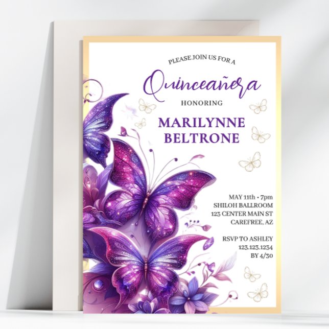 Lila Guld Fjäril Quinceañera Inbjudningar (Skapare uppladdad)