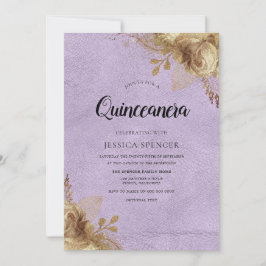 Lila & Guld Flowers Quinceanera Party Inbjudan