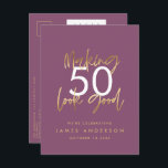 lila guld födelsedag, elegant av enkel snyggt inbjudan vykort<br><div class="desc">Modern 50-årsdag med enkel snyggt,  guld-skript och geometrisk 50-årsdag inbjudan. Modern geometrisk bakerska mönster. En del av en samling.</div>