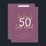lila guld födelsedag, elegant av enkel snyggt inbjudan vykort<br><div class="desc">Modern 50-årsdag med enkel snyggt elegant guld-skript och geometrisk 50-årsdag inbjudan. Modern geometrisk bakerska mönster. En del av en samling.</div>