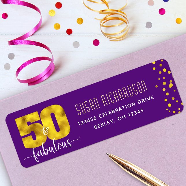Lila guld folie 50 och fantastisk returadress etikett (Skapare uppladdad)