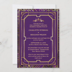 Lila & Guld Gatsby Art Deco 1920-talet Bröllop Inbjudningar