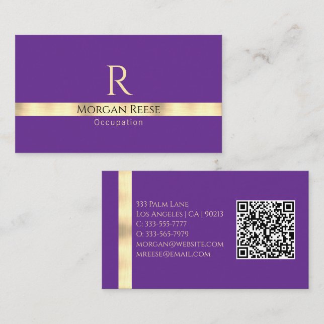 Lila & Guld, Generera QR-kod Namn & Monogram Visitkort (Fram/baksida)