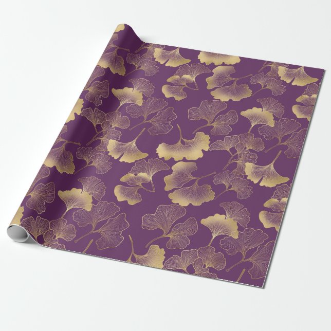 Lila Guld Ginkgo Blad Elegant Botanisk Presentpapper (Utrullad)