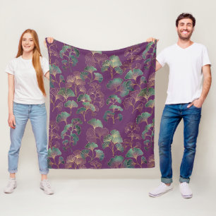 Lila Guld Ginkgo Japanskt Botaniskt Mönster Fleecefilt