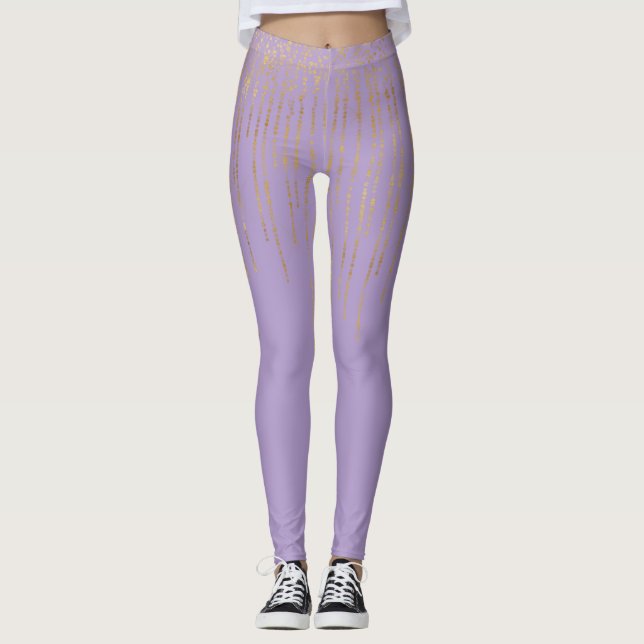Lila Guld Glam Konfetti Ränder Prickar Leggings (Framsida)
