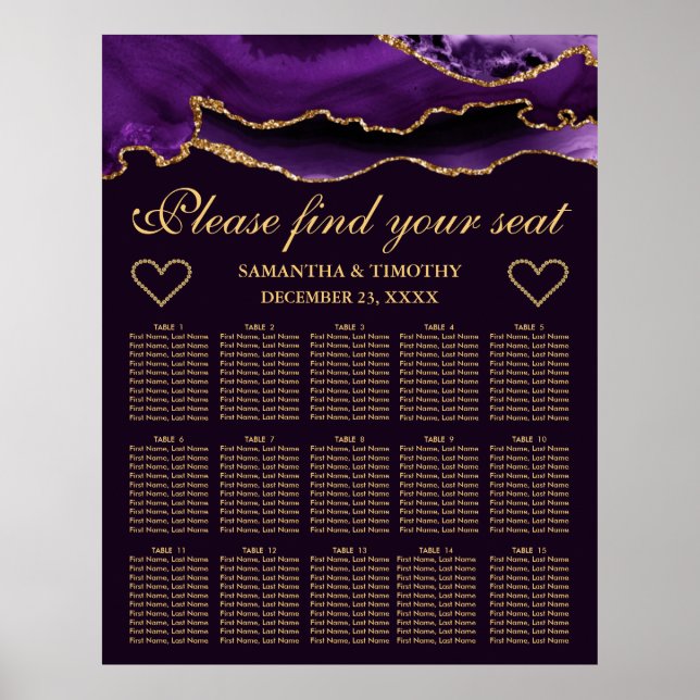 Lila Guld Glitter Agat Bröllops Sittplatskarta Poster (Framsidan)